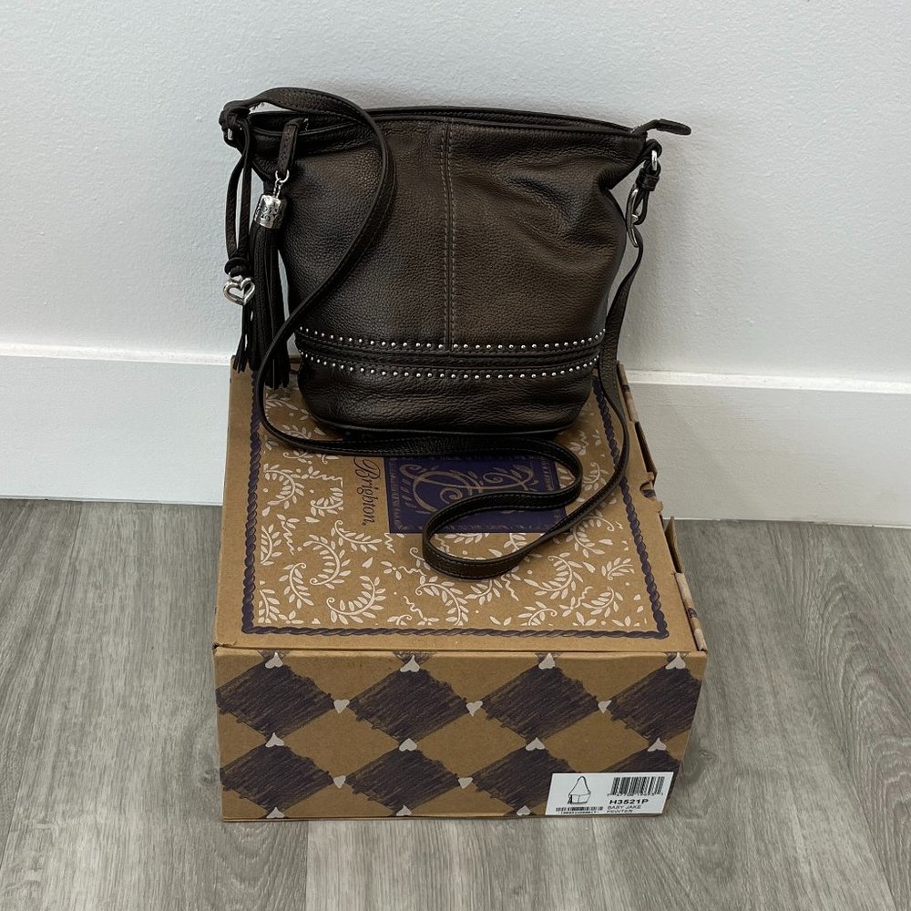 Brighton Baby Jake Zip Top pebbled & studded Leather Crossbody Bag in Pewter